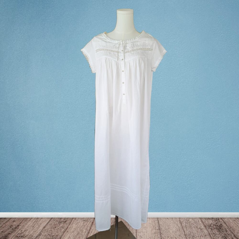 EILEEN WEST White Cotton Lawn Ballet Nightgown Small Cap Sleeve Dainty Cottage - Picture 5 of 8